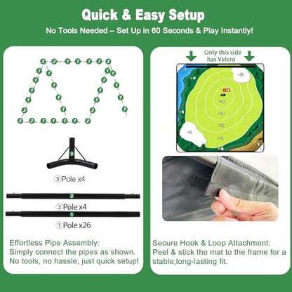 HOTWIND Golf Chipping Game Mat 71" x 71" 2-Sided Hook & Loop Sticky Golf Practice Pad with Stand Portable Indoor Outdoor Backyard Camping Golf Game Accessories for Family Adults Not Included
