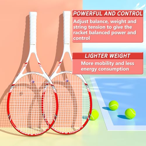 Pro Tennis Racket for Adults, 2 Player 27 inch Speed Tennis Racquet Acceptable for Beginner and Professional with 3 Tennis Balls, 2 Vibration Dampes, 2 Overgrips, Tennis Bag - color: Red