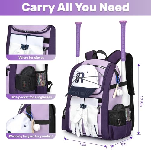 KAVIGOR Youth Baseball Bag, Softball Bag for Girls & Boys, Kids Tball Backpack with Shoes Compartment - color: Purple