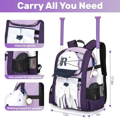 KAVIGOR Youth Baseball Bag, Softball Bag for Girls & Boys, Kids Tball Backpack with Shoes Compartment - color: Purple