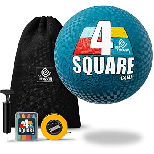 4 Square Game Kit with Premium 4 Square Ball (8.5”) Hand Pump Air Needle 4 Brightly Colored Chalk Sticks with Container Soft Tape Measure Premium Storage Bag Outdoor Portable Fun!