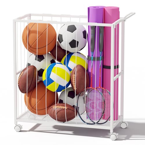 Homsorout Ball Storage Bin Rolling Sports Ball Cart, Metal Garage Organizer Sport Rack, Ball Basket Storage, Ball Cage for Garage or Gym, Indoor & Outdoor Sports Equipment Organizer white - color: white
