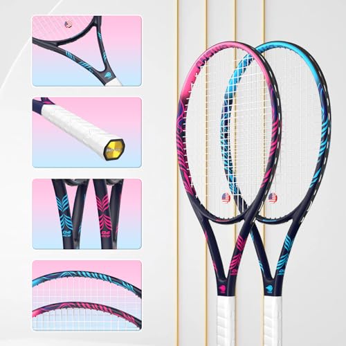 Adult 2 Player Tennis Racket Perfect for Beginner and Professional Players, 27” Speed Tennis Racquet Include Tennis Balls, Overgrips, Tennis Bag, Vibration Dampe, Cover - color: Black Blue & Pink