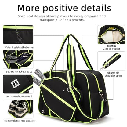 ROYALFAIR Pickleball Tote Bag for Women Men Large Capacity with Paddle Cover Pocket Internal Shoe Pocket and Adjustable Shoulder strap - color: black-green
