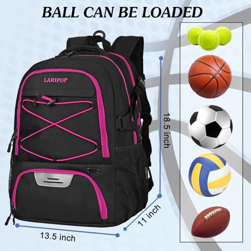 LARIPOP Basketball Backpack Large Basketball Bag with Ball Holder & Shoe Compartment for Youth Adults Men Women - color: Rose Red
