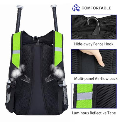 DAFISKY Baseball Bag Softball Backpack - Youth Adult T Ball Bat Equipment Bag with Bat Helmet Holders, Shoe Compartment - color: Green