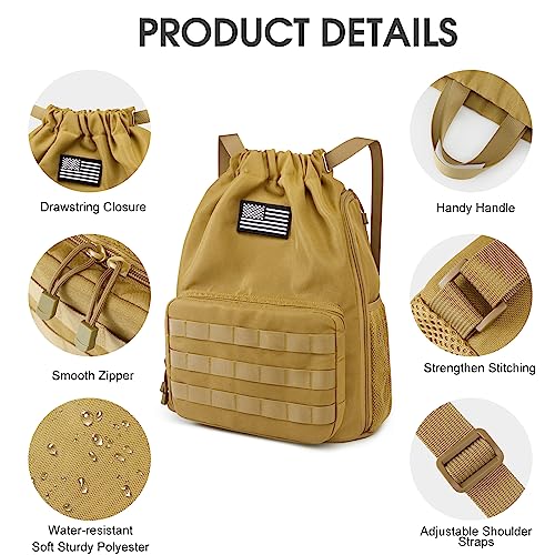 G4Free Drawstring Backpack Gym Backpack Soccer Basketball Bag with Shoes Compartment Tactical Water-Resistant String Sports Bag for Men Women(Tan) - color: Tan