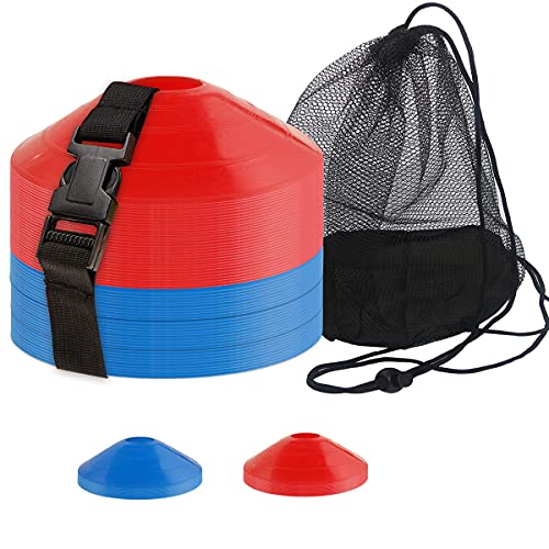 60-Pack Soccer Cones - Agility Flat Disc Cones with Carry Bag & Strap - Small Training Field Markers for Football Basketball Lacrosse - Indoor/Outdoor Sport Drills - color: Red+Blue