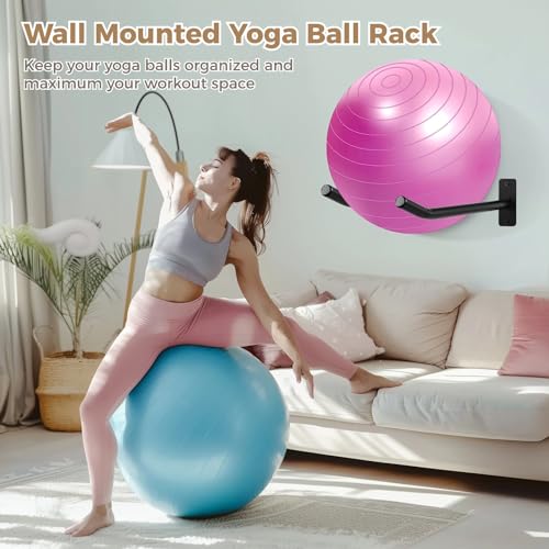 Medicine Ball Rack, 2 Pairs Yoga Ball Racks, Exercise Ball Wall Holder, Fitness Ball Wall Rack for Gym, Garage Ladder Wall Mount, Metal Storage Wall Rack for Basketballs, Volleyballs