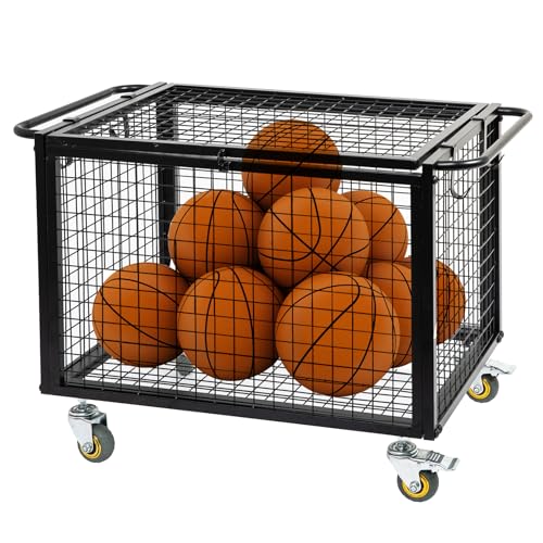 Metal Basketball Rolling Cart Sports Equipment Storage Wheel Basket Matte Black Athletic Lockable Cage with Raised Handle Gym Home Garage School Court Field Football Soccer Ball Volleyball Bat