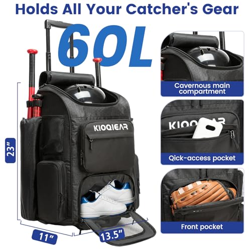 Rolling Baseball Bag with Wheels,Large Softball Bag with Fence Hook for 4 Bats & Equipment,Lightweight Baseball Bat Bag with Shoe Compartment. - color: Black