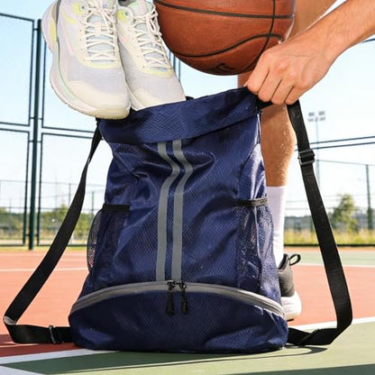 Outdoor Men Football Basketball Bag Gym Swimming Drawstring Bags Women Waterproof Oxford Backpack (Navy Blue) - color: Navy Blue