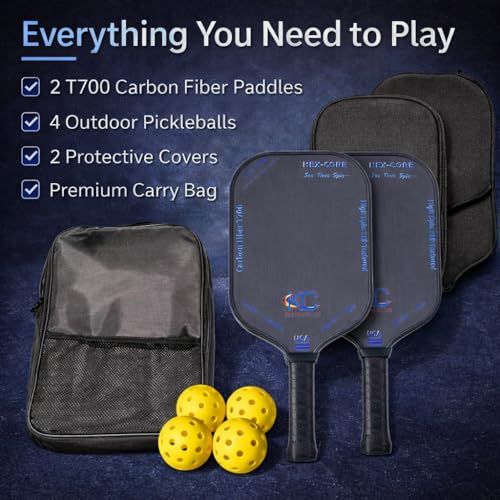 Pickleball Paddle Set – T700 Friction Carbon Fiber Paddles with Covers, 2 Thermoforming 4-Layer Rackets, 4 Outdoor Pickleballs & Carry Bag | USAPA Approved Lightweight & 16MM Polymer Honeycomb Core
