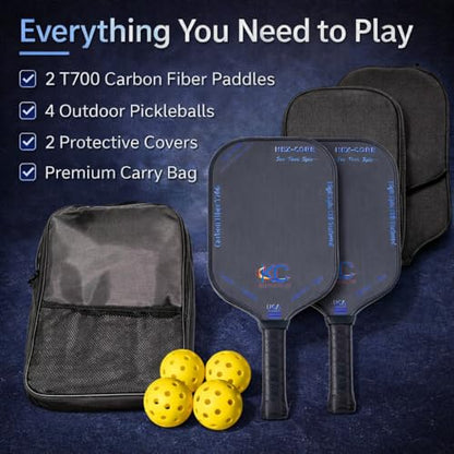 Pickleball Paddle Set – T700 Friction Carbon Fiber Paddles with Covers, 2 Thermoforming 4-Layer Rackets, 4 Outdoor Pickleballs & Carry Bag | USAPA Approved Lightweight & 16MM Polymer Honeycomb Core
