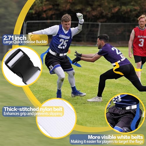 Flag Football Belts and Flags, 28 Player Bundle with Red, Yellow, and Blue Flags, Adjustable Black and White Belts, Ideal for Kids and Adults