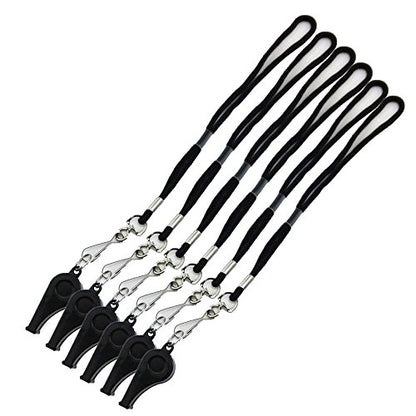 yueton Plastic Coach Whistles with Wrist Strap, Emergency Whistles with Short Lanyard, Pack of 6 (Black)