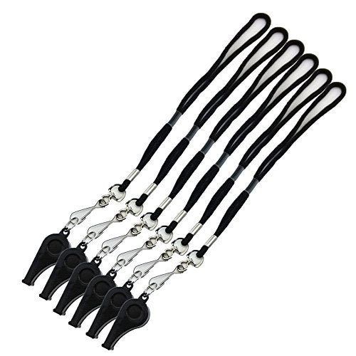 yueton Plastic Coach Whistles with Wrist Strap, Emergency Whistles with Short Lanyard, Pack of 6 (Black)