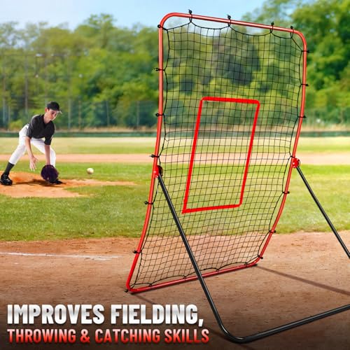 Durable Baseball Rebounder Net, 6x4 FT Pitchback Nets 5 Angles Simulate Grounder,Pop Fly,Line Drive,Softball Rebounders for Pitching,Fielding,Catching Solo Practice,Rebound Net with Strike Zone