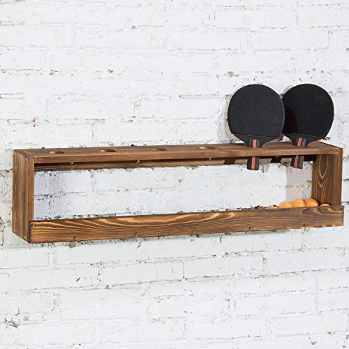MyGift Wall Mounted Ping Pong Paddle Holder, Burnt Wood Table Tennis Racket Display Rack with Ball Storage Shelf - color: Burnt Wood