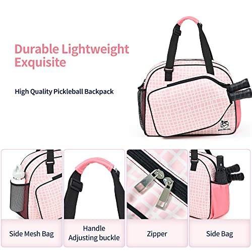 Boulder Bee Pickleball Bags, Premium Pickleball Tote Bag for Girls, Women’s Hand/Shoulder Gym Bag w Water Bottle Holder, with Pickleball Racquet/Paddle Holder - color: Pink Plaid