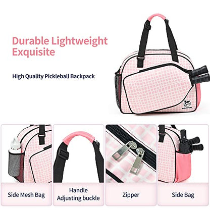 Boulder Bee Pickleball Bags, Premium Pickleball Tote Bag for Girls, Women’s Hand/Shoulder Gym Bag w Water Bottle Holder, with Pickleball Racquet/Paddle Holder - color: Pink Plaid