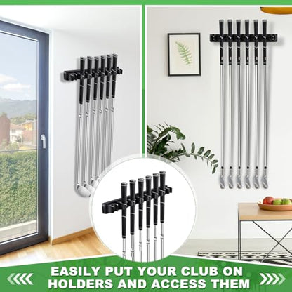 Blueweenly 2 Pack Wooden Golf Club Holder Wall Mount 8 Clips Golf Club Rack Hanger Organizer for Wall Display Garage Putters with Screws, Grip up Type (Black)