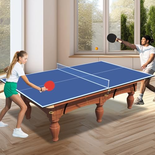 Ping Pong Table Top for Pool Table, Foldable & Portable Table Tennis Table Topper Indoor Outdoor Table Tennis Conversion Top w/Net & Premium Foam Padding - color: 8.5FT for 7/8FT Pool Table-Blue