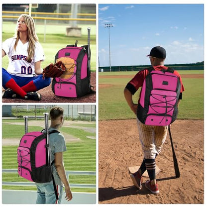 MATEIN Baseball Backpack, Softball Bat Bag with Shoes Compartment for Youth, Boys and Adult, Lightweight Baseball Bag with Fence Hook Hold TBall Bat, Batting Mitten, Helmet, Caps, Teeball Gear - color: Pink Black, size: 47L