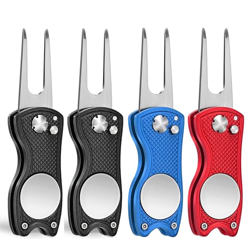 Mile High Life Golf Divot Repair Tool, All Metal Foldable Divot Tool with Pop-up Button & Magnetic Ball Marker, 2-6 Pack - color: 4 Pack (Black*2/Blue/Red )