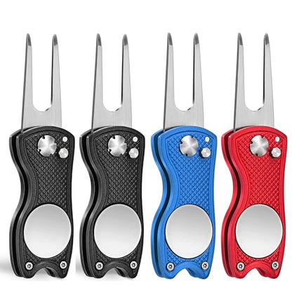 Mile High Life Golf Divot Repair Tool, All Metal Foldable Divot Tool with Pop-up Button & Magnetic Ball Marker, 2-6 Pack - color: 4 Pack (Black*2/Blue/Red )
