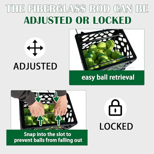 Tennis Ball Basket Tennis Ball Hopper with Wheels | 60 Balls Capacity Lightweight Collector | No-Bend Hands-Free Ball Retrieval Tool for Training & Court Use