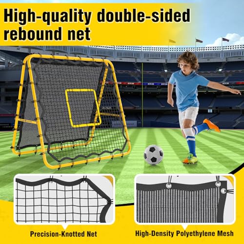 Double-Sided Soccer Rebound Net, 4×4FT Baseball Volleyball Softball Pitchback Net, Multi-Angle Adjustable Rebound Net, as a Gift for Children, Teen, Adults,Yellow