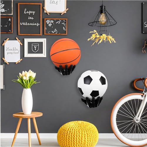 2 Pcs Basketball Holder Wall Mount Hand-Sculpted Ball Storage Rack for Basketballs, Soccer, Football Space Saving Sports Decor for Man Cave, Room, Garage Gift for Men, Boys, Basketball Fans