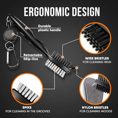 Golf Club Cleaning Brush and Groove Cleaner with Retractable Clip, Extends 2 ft Brass, Ergonomic Design, Easily Attaches to Golf Bag(Black)
