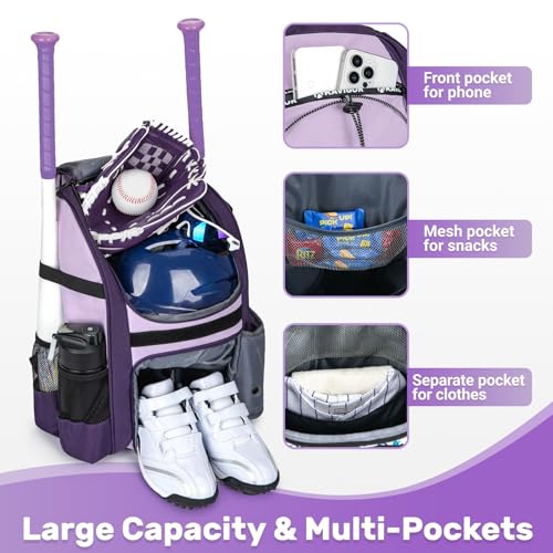 KAVIGOR Youth Baseball Bag, Softball Bag for Girls & Boys, Kids Tball Backpack with Shoes Compartment - color: Purple