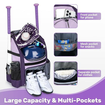 KAVIGOR Youth Baseball Bag, Softball Bag for Girls & Boys, Kids Tball Backpack with Shoes Compartment - color: Purple