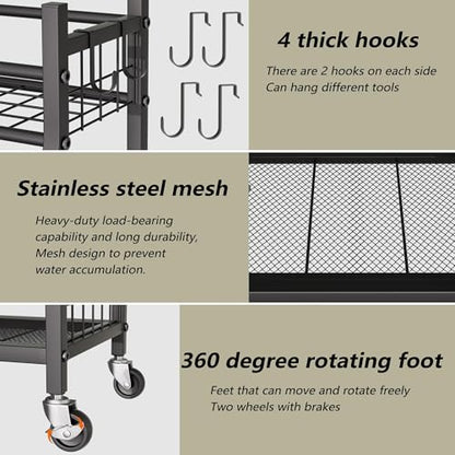 Garden Tool Organizer with Wheels for Garage and Shed, Spacious Tool Storage, Multi-Tier Design with Side Hooks for Rakes, Shovels, Brooms, and Yard Tools Rolling Cart
