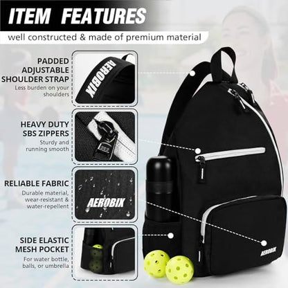 AEROBIX Pickleball Bag for Women & Men, Pickle Ball Backpack - Upgraded Zippers, Large Capacity, Padded Paddle Pocket, Adjustable Sling Bag (No Accessories) - color: BLACK