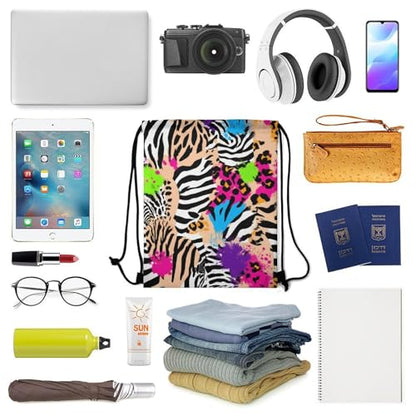 Theft Proof Cinch Sack Drawstring Backpack Water Resistant for Camping Travel Sports Gear Men Women, Rainbow Animal Zebra Tiger Cheetah Leopard Print Splatter Bags - color: Picture (1007)