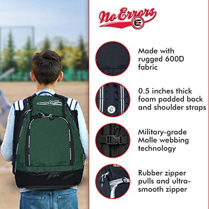 No Errors Sports RBP Rookie Baseball and Softball Backpack - Youth Baseball and Softball Bat Bag with Fence Hooks - Baseball and Softball Equipment Bag for Kids - color: Green
