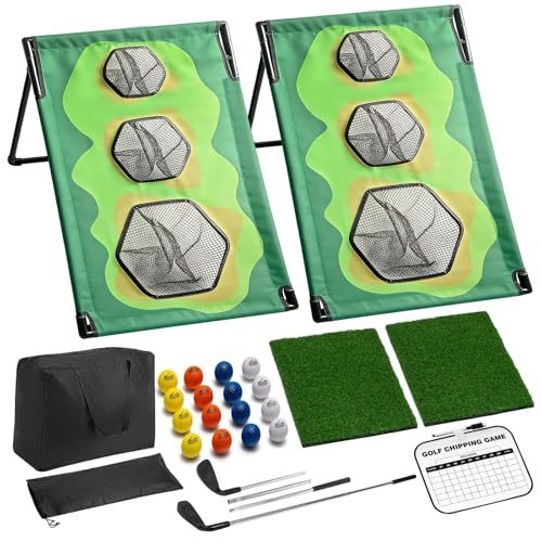 Golf Chipping Game Set with 2 Clubs & 1 Scoreboard - 2 Target Nets, 2 Turf Mats, 16 Foam Balls, Score Pen & Bag - Indoor/Outdoor Golf Training for Adults/Family