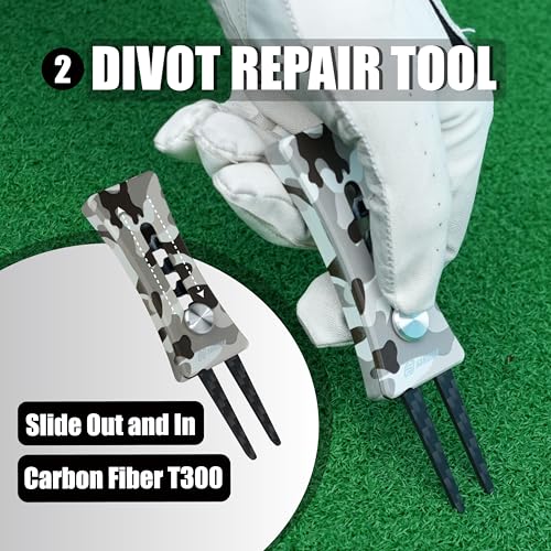 SANDIAN, All-in-1 Value Pak, Adjustable Golf Tee Height Setter with Divot Tool, Genuine Carbon Fiber Made Pitchfork, Super Lightweight, T800 Ball Marker, Hat Clip, Tees, Leather Holster, Zipper Case - color: Camouflage Full