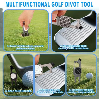 2pcs 7-in-1 Golf Divot Repair Tool and Ball Marker, Multifunctional Divot Tool Fixer with Brush & Thin Tines Groove Cleaner Golf Accessories for Men Golfers Gifts