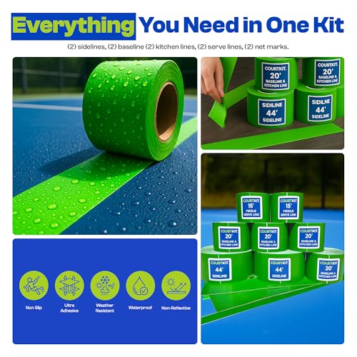 Pickleball Court Marking Kit – Pre-Measured, Pre-Cut, Ready-to-Apply Pickleball Court Tape for Indoor & Outdoor, Waterproof, Easy Setup, No Residue, Portable, Line Kit, Floor Markers