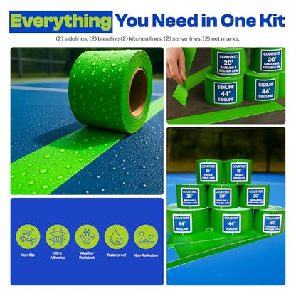 Pickleball Court Marking Kit – Pre-Measured, Pre-Cut, Ready-to-Apply Pickleball Court Tape for Indoor & Outdoor, Waterproof, Easy Setup, No Residue, Portable, Line Kit, Floor Markers