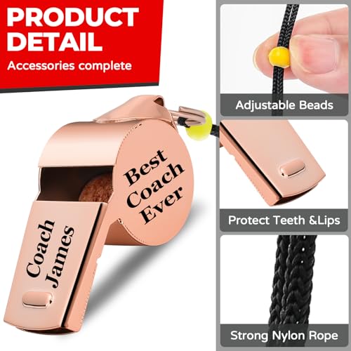 Personalized Whistle for Coach, Silver Whistle Personalized with Lanyard, Appreciation Gift for Referee, Coach, Teacher - color: Rose Gold