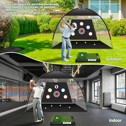Golf Net: 10x7ft Golf Hitting Practice Net for Use，with Heavy-Duty Base Dual-Turf Mat，Suitable for Various Indoor and Outdoor Scenarios，Scenes Such As Garages, Backyards, Sandy Areas, Lawns, Etc