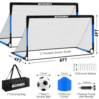 Kids Soccer Goal for Backyard Set - 2 Set of 7X5 / 6X4 ft Toddler Soccer Nets Training Equipment, Soccer Ball, Pop Up Portable Soccer Set for Kids and Youth Games and Training Goals Ages 3-16 Gift - color: 4.Black Blue, style: 6' x 4'