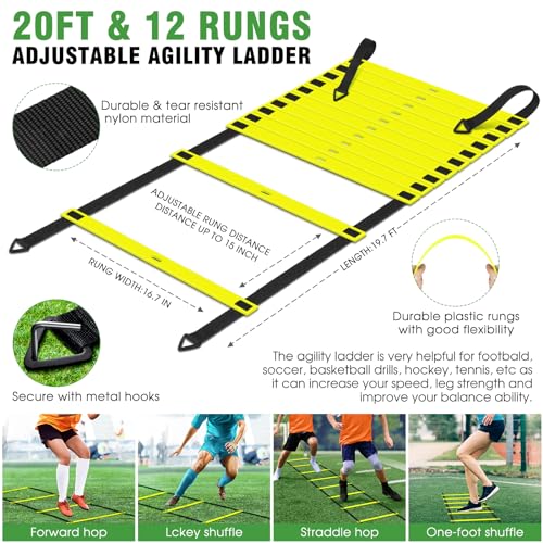 X-UMEUS Agility Ladder Speed Training Equipment Set-20ft Agility Ladder,12 Soccer Cones,4 Hurdles, Jump Rope, Running Parachute| Basketball Football Soccer Training Equipment for Kids Youth Adults - color: Optic Green