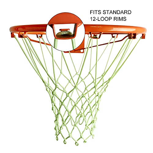 Sanung Fluorescent Basketball Nets Night Glow with 12 Loops 6 Knots All-Weather Anti-Whip Luminous Basketball Net Replacement for Indoor Outdoor Glow in the Dark, Set of 2